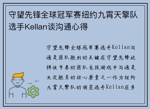 守望先锋全球冠军赛纽约九霄天擎队选手Kellan谈沟通心得