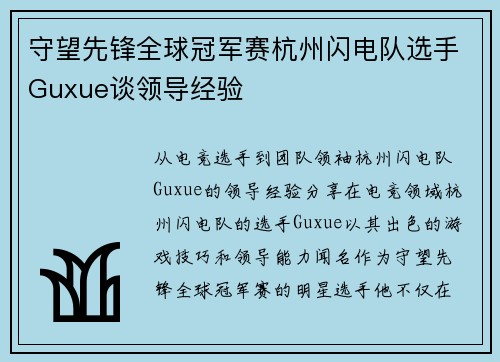 守望先锋全球冠军赛杭州闪电队选手Guxue谈领导经验